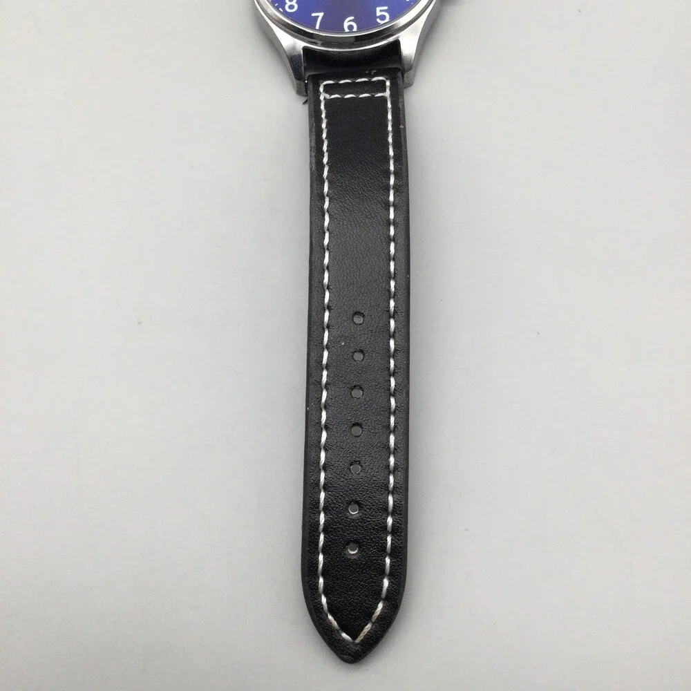 Vince Camuto Mens Watch 42mm Silver Tone Blue Dial Black Faux Leather 3ATM
